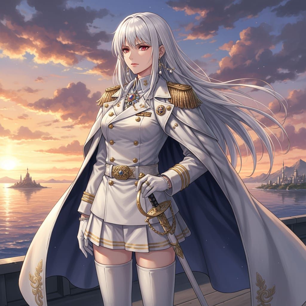 Anime Female Admiral with White Hair and Red Eyes
