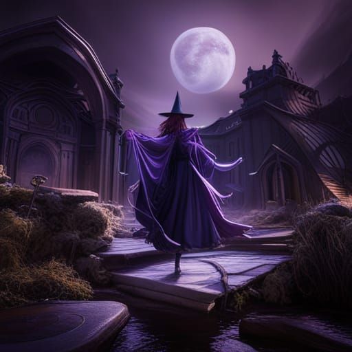 Witch and Pentagrams Under Purple Moonlight