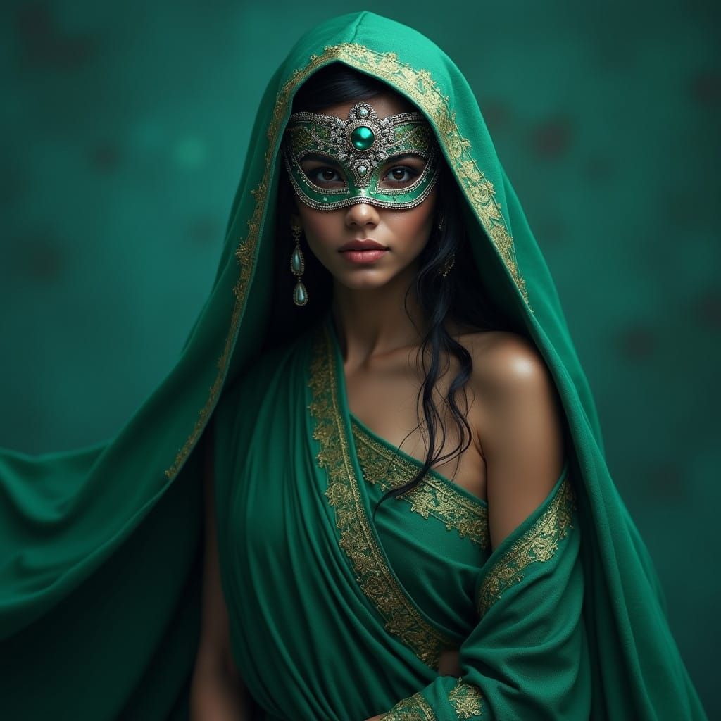 Indian Woman in Emerald Cape and Silver Mask