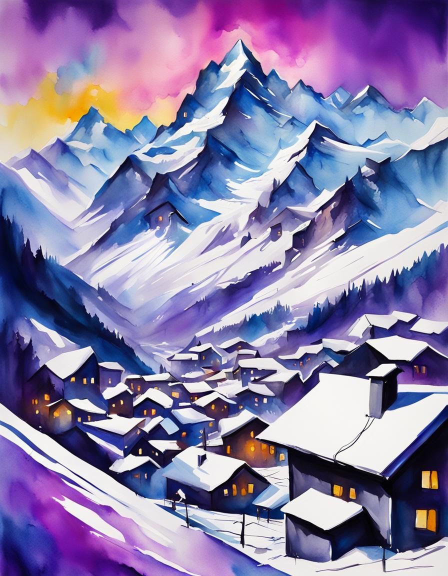 Swiss Alps Christmas: Futurist Watercolor Graffiti Art