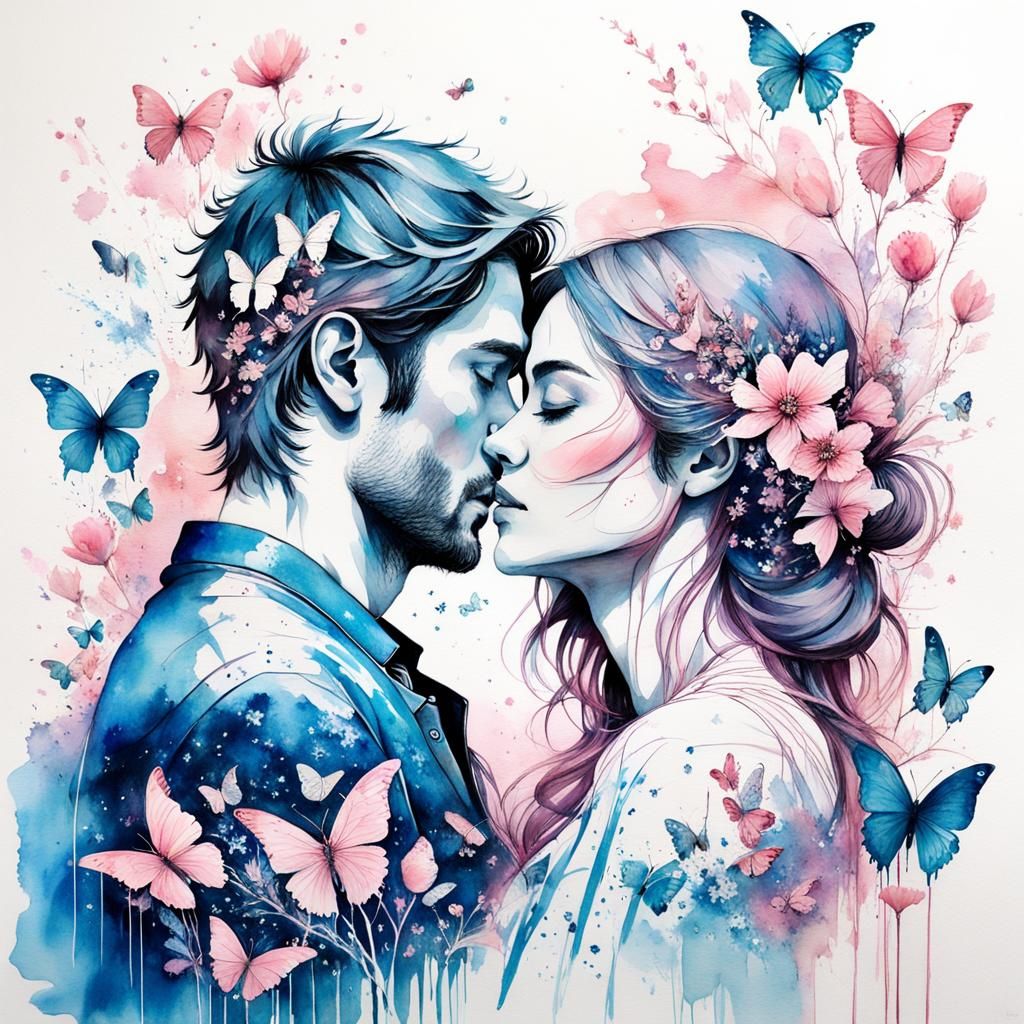 Vintage Pink Couple with Flowers in Watercolour