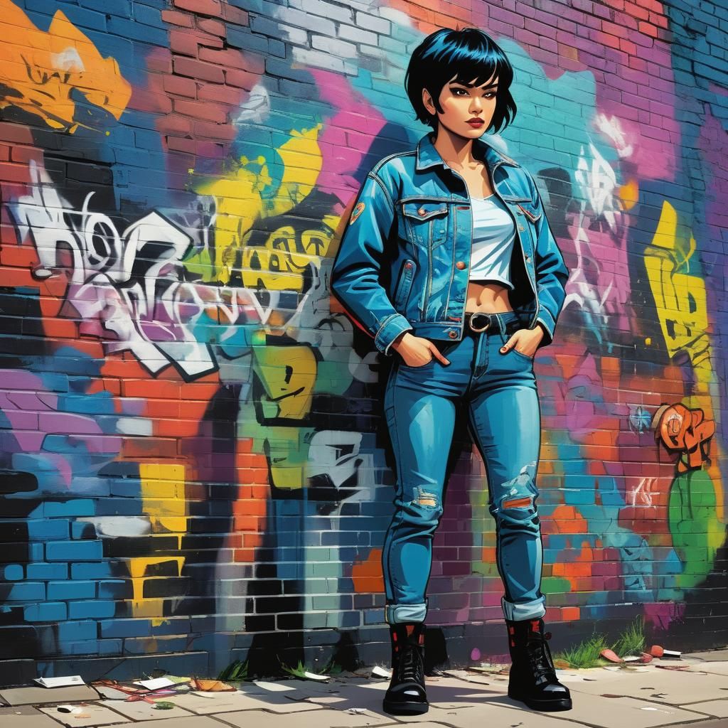 Comic Book Woman Leaning Against Graffiti Wall