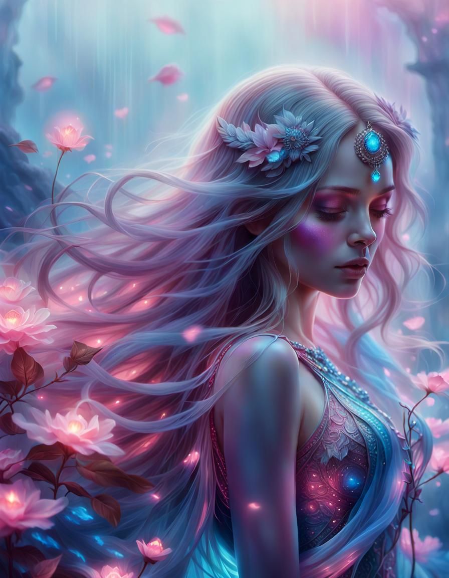 Girl Enveloped in Pink Luminescence: Hyper-Realistic Digital...