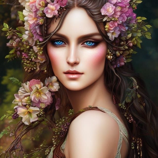 Detailed Woodland Elf Portrait with Flowers