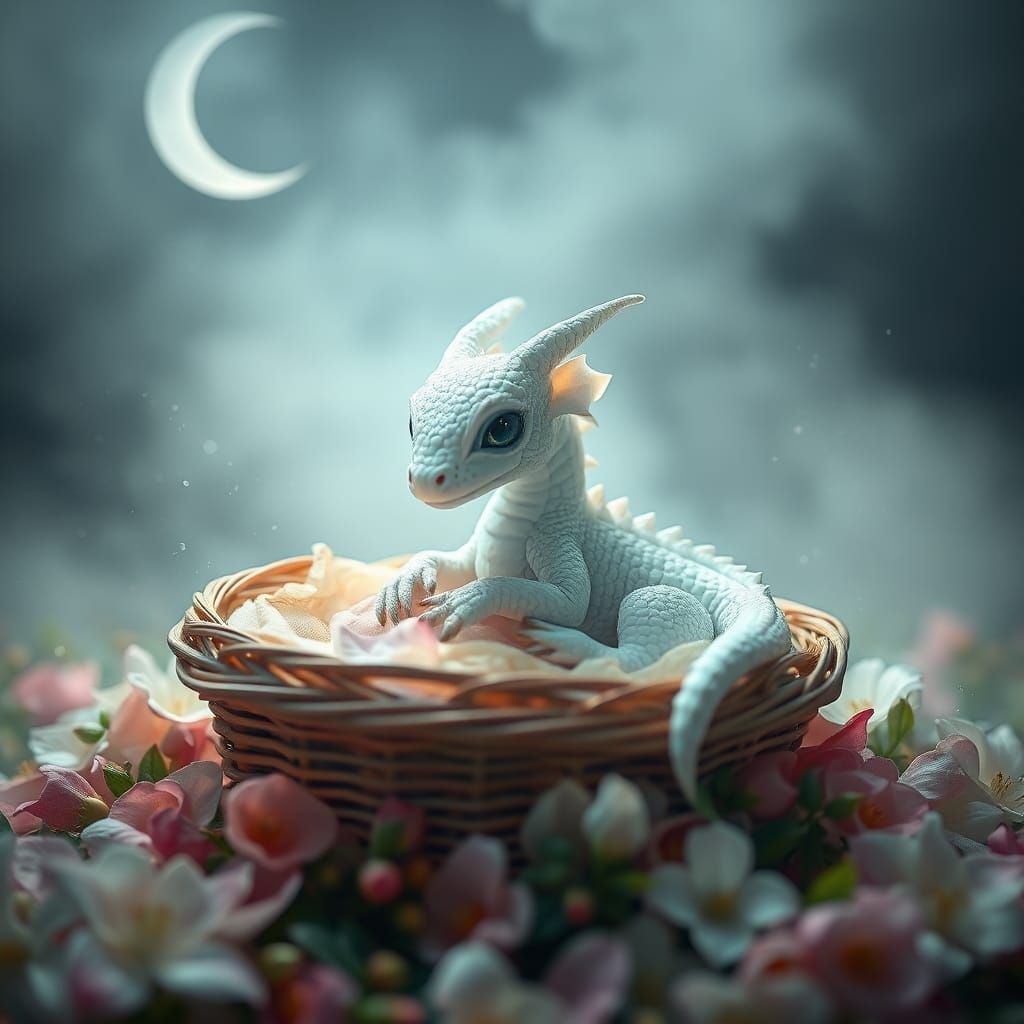 Adorable Baby White Dragon in Dreamy Setting