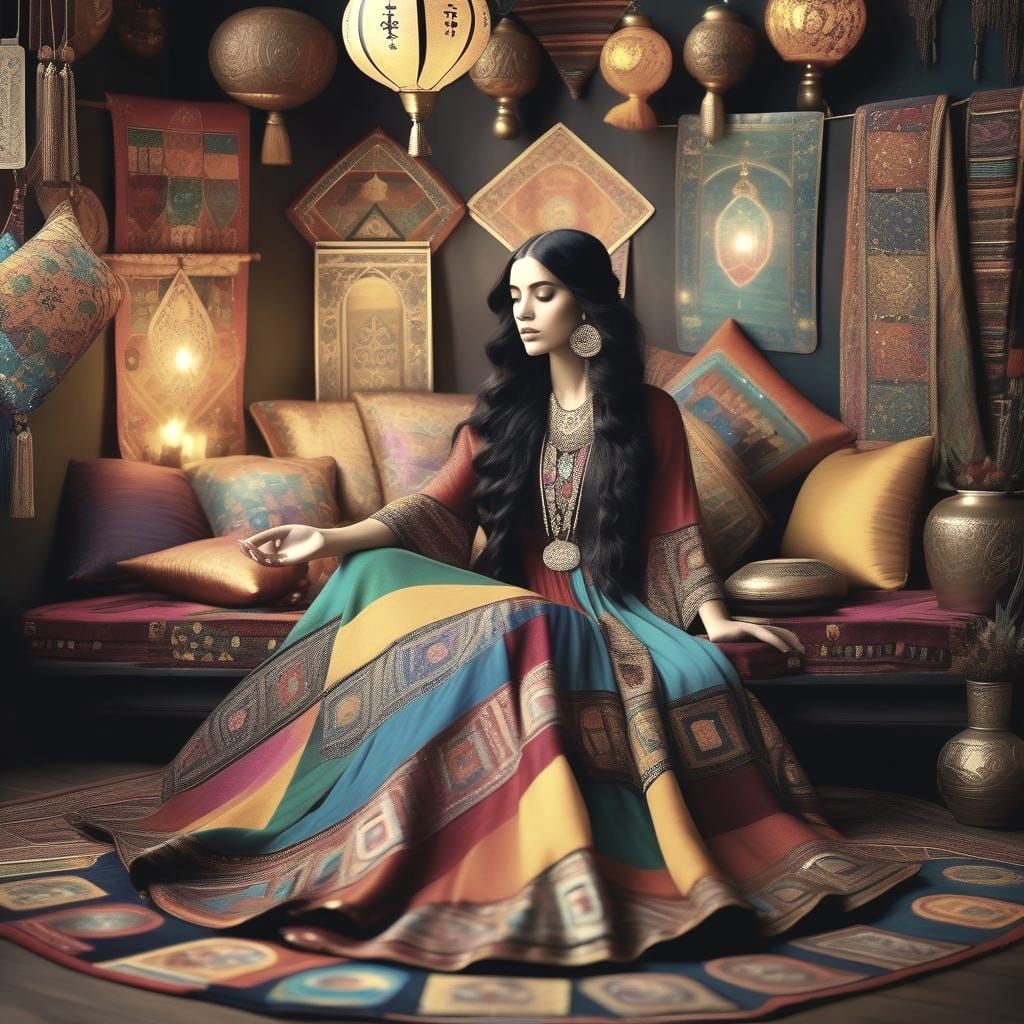 Boho Gypsy Woman Reading Tarot, Klimt-Inspired