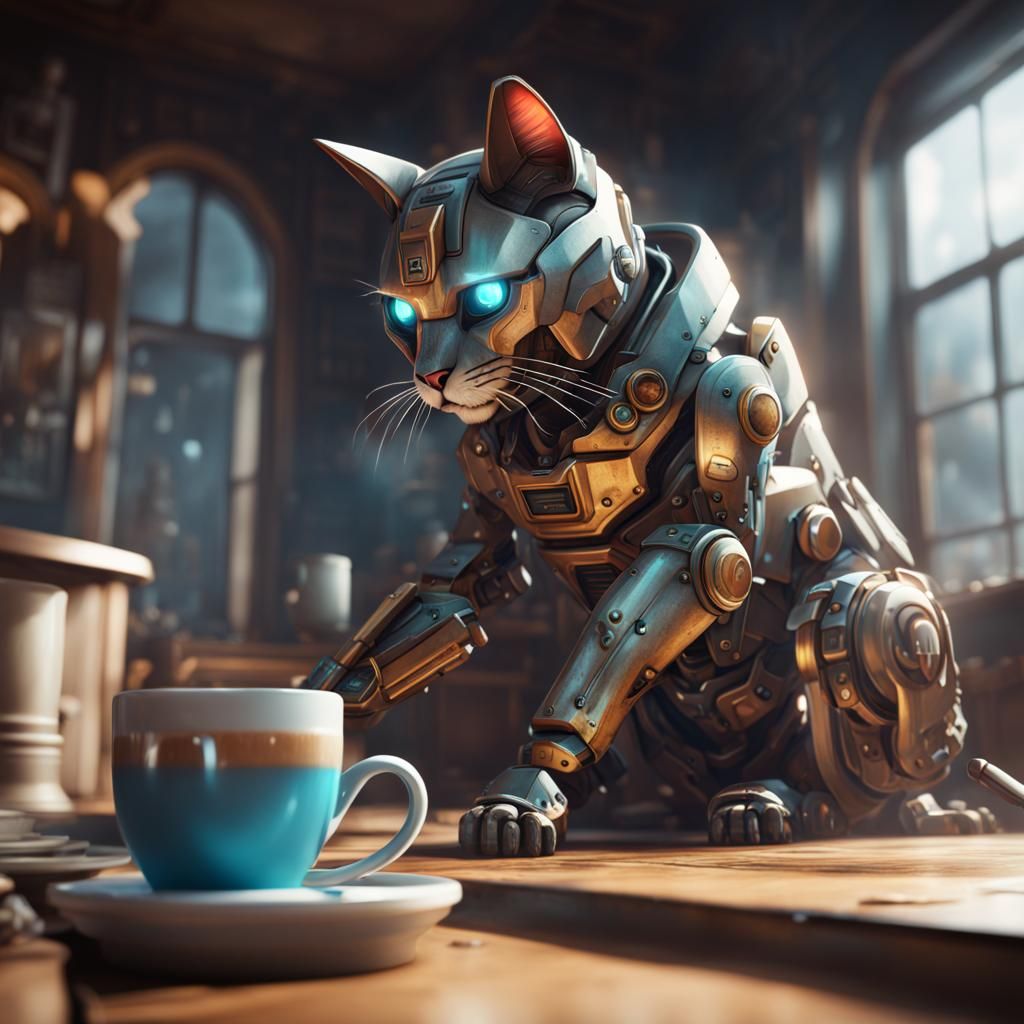 Mecha Cat Sniffing Coffee: Detailed Matte Painting