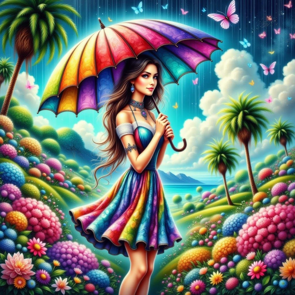 Surreal Whimsical Goddess in Vibrant Floral Field with Majes...