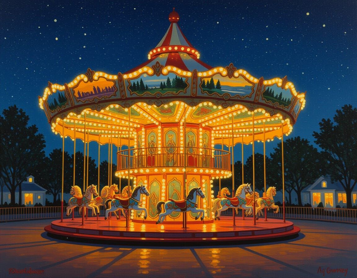Brightly Painted Carousel Glows at Night Oil Painting