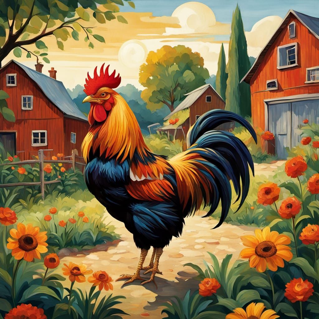 Vibrant Rooster in Folk Art Style with Bright Brushstrokes