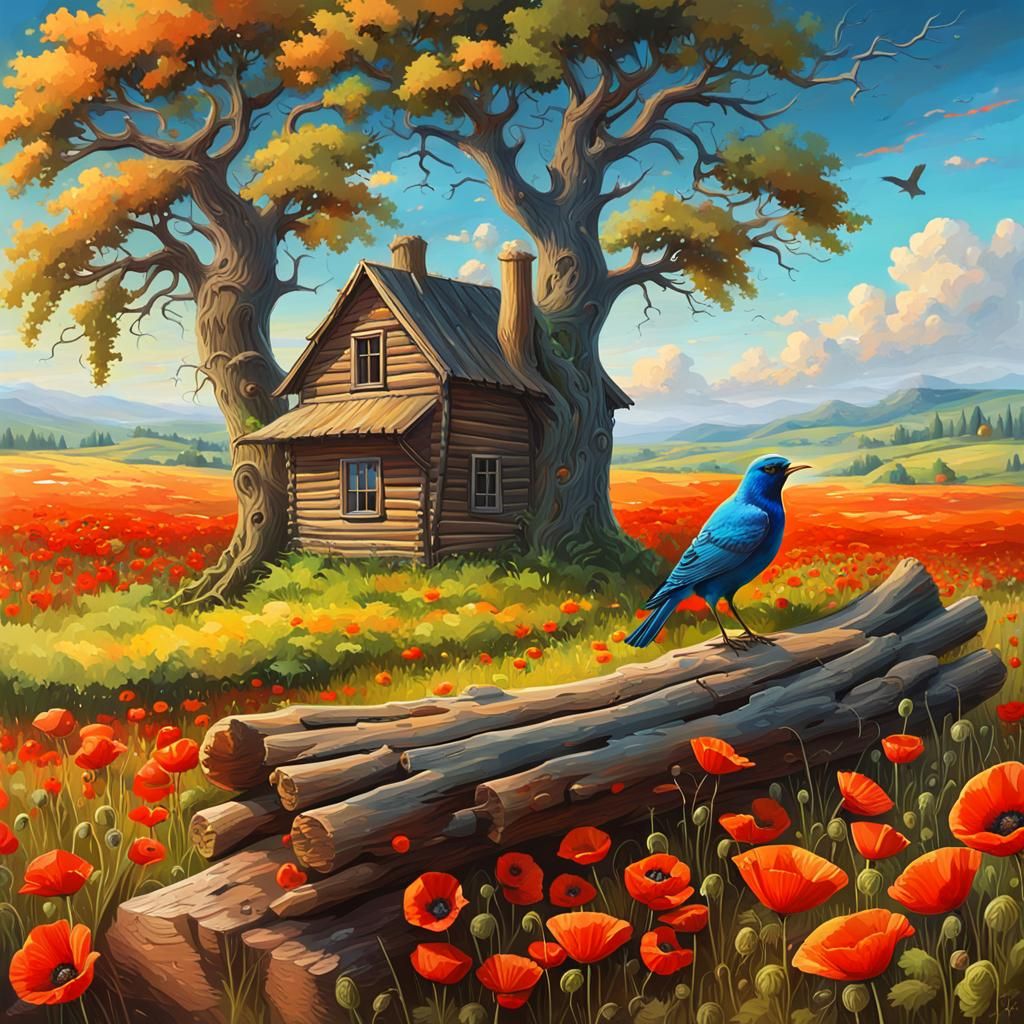 Majestic Bird in Poppy Field: Hyperrealistic Countryside