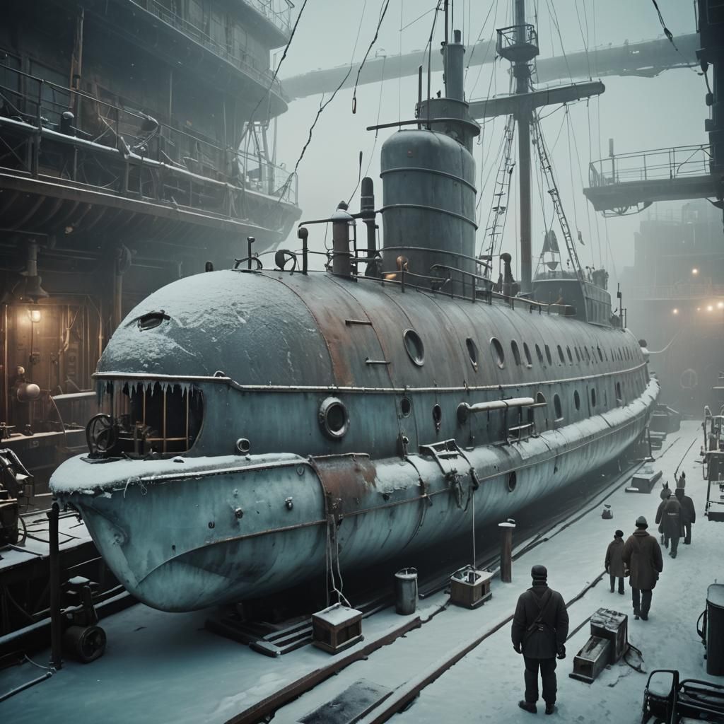 Victorian-Era Submarine Repair in Frosty Shipyard