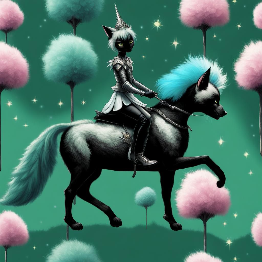 Fairy Riding Armored Kitten in Whimsical Style