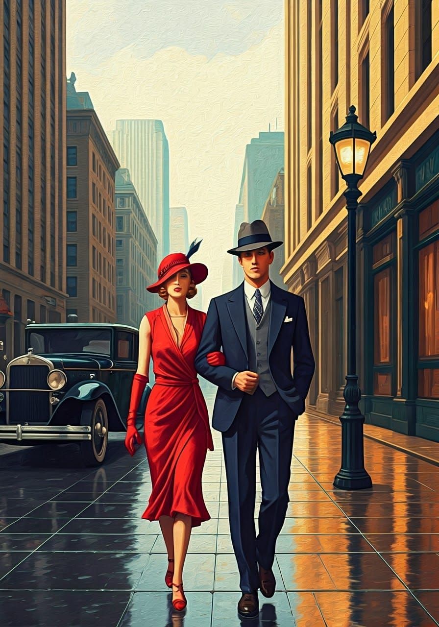 Elegant Couple Strolls Down a Gritty, Art Deco City Street a...