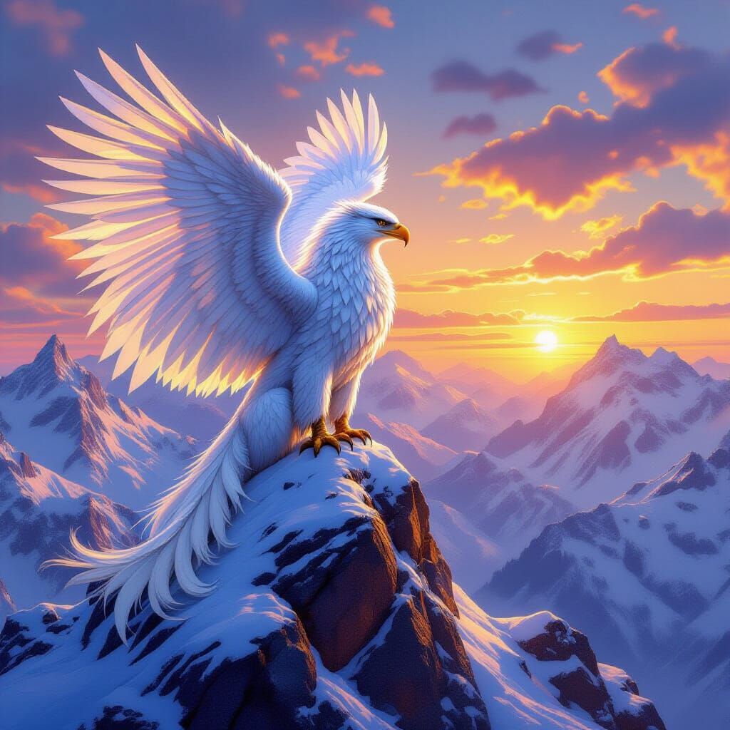 Iridescent Griffin Perched on Snowy Mountain Peak