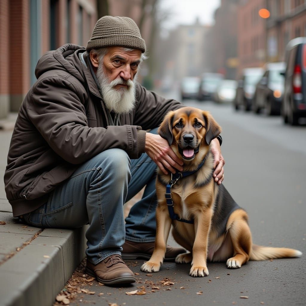 Sketch of Homeless Man with Puppy on Curb
