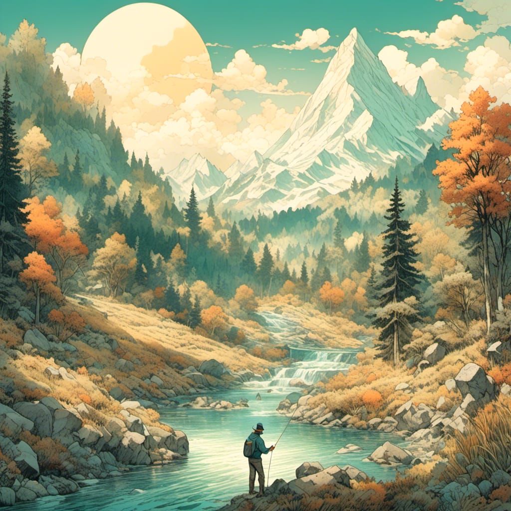 Vintage Cartoon: Fly Fishing in Mountain River