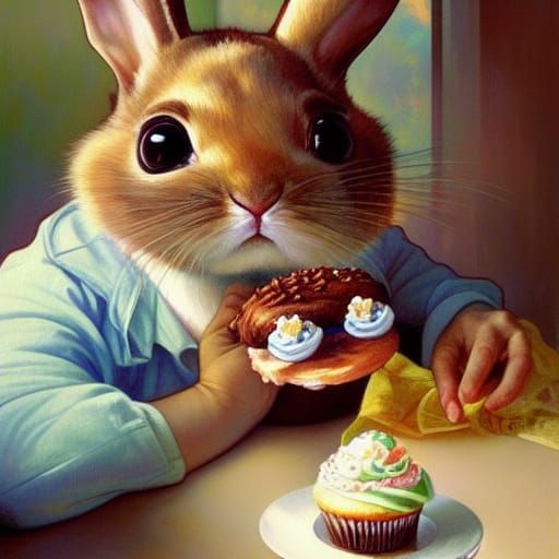 Adorable Cartoon Bunny with Cupcake, Hyperdetailed Art