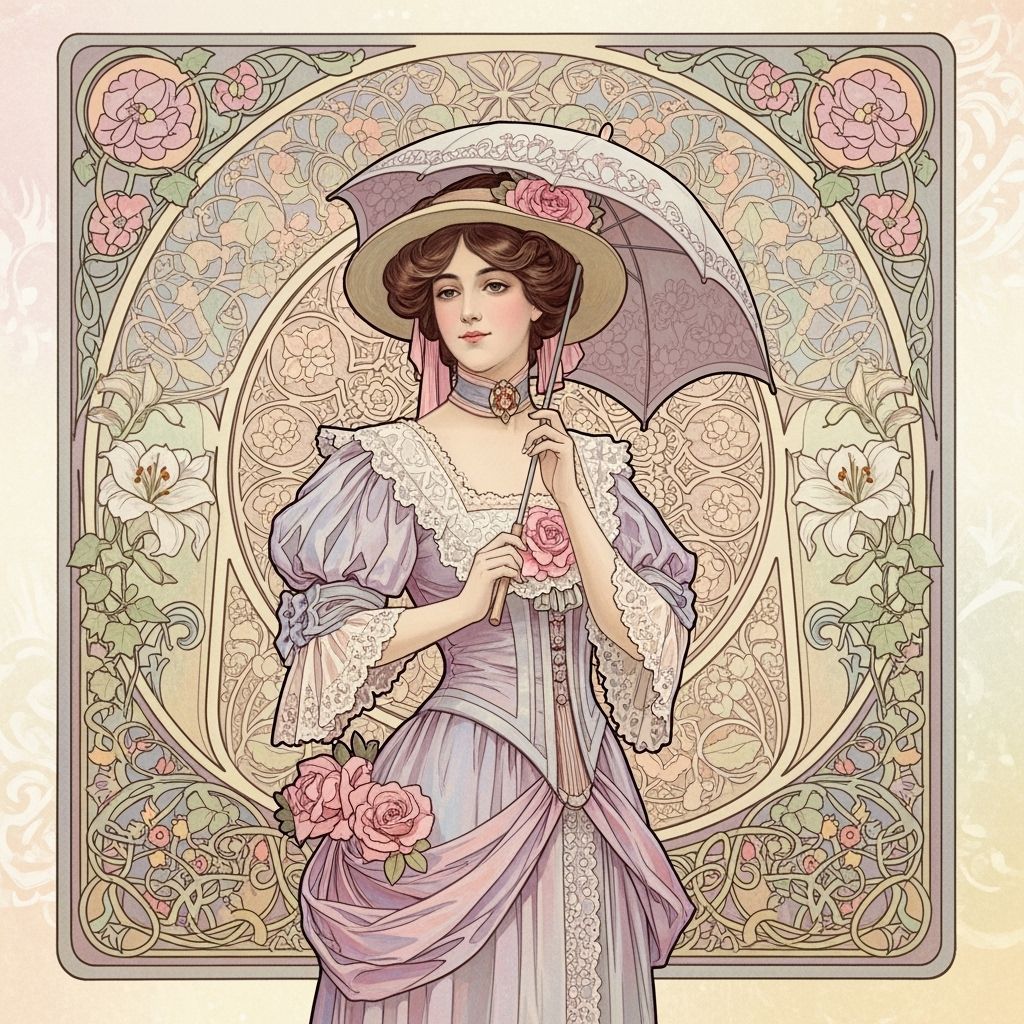 Victorian Woman with Parasol in Art Nouveau Style