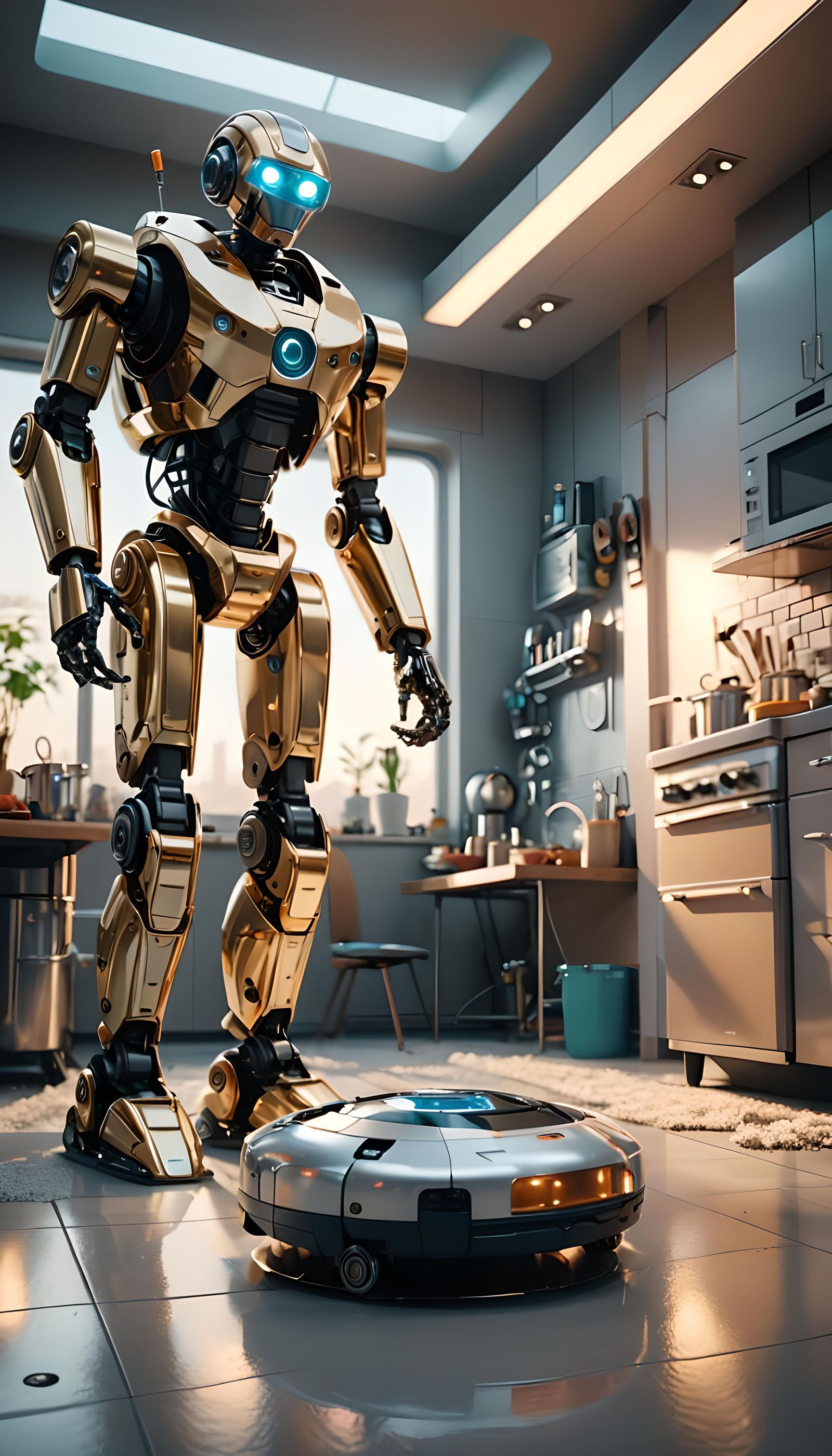 Robots Helping Humans with Chores in Sci-Fi Home