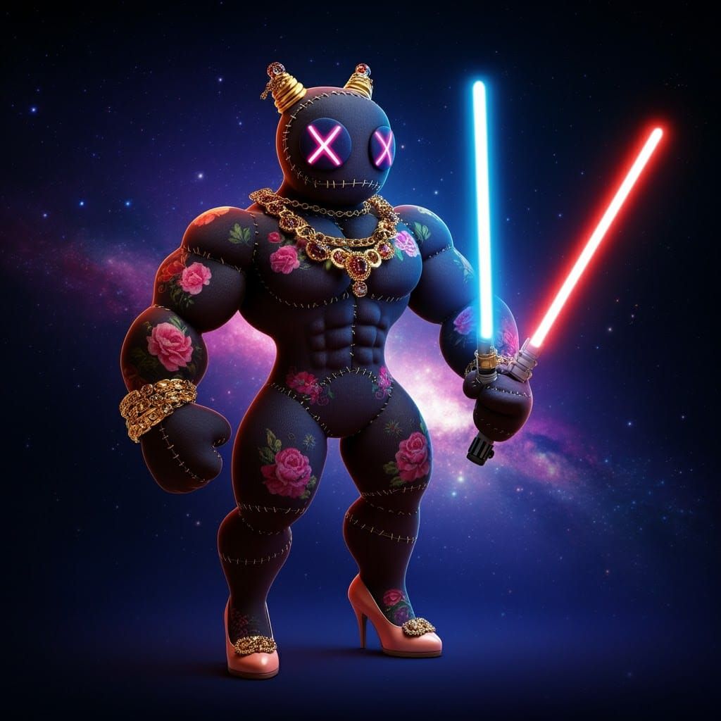 Luminous Doll with Lightsaber in Cosmic Setting