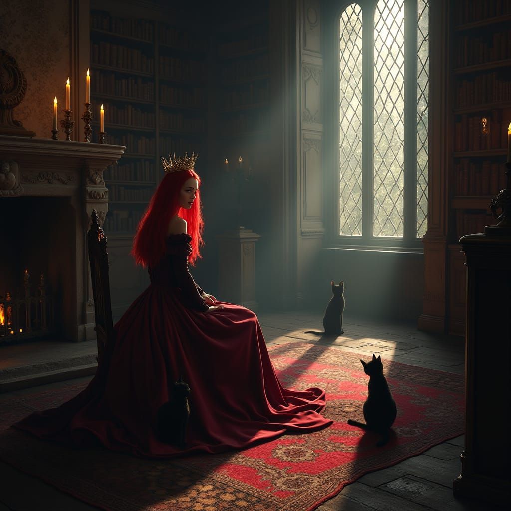 Queen of Hearts in Haunted Library, Dark Fantasy Art