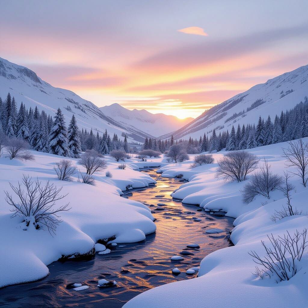 Snowy Valley at Dawn with River, Hyperrealistic Detail