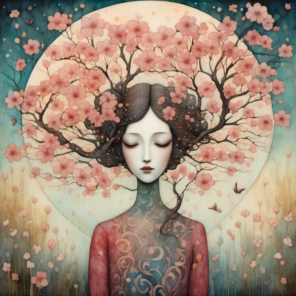 Transparent Woman and Cherry Blossom Tree in Art Brut