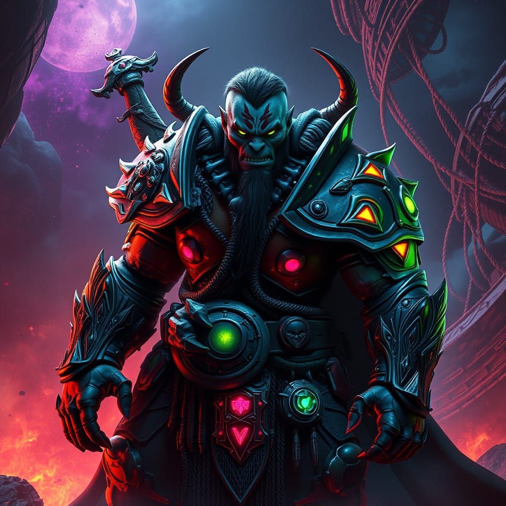 Neon Heroic Orc Warrior in Dreamlike Environment