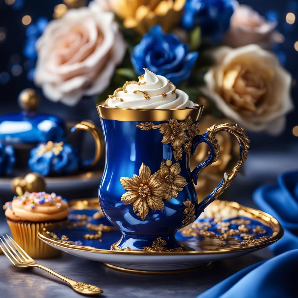 Luxury Blue and Gold Porcelain with Coffee and Flowers