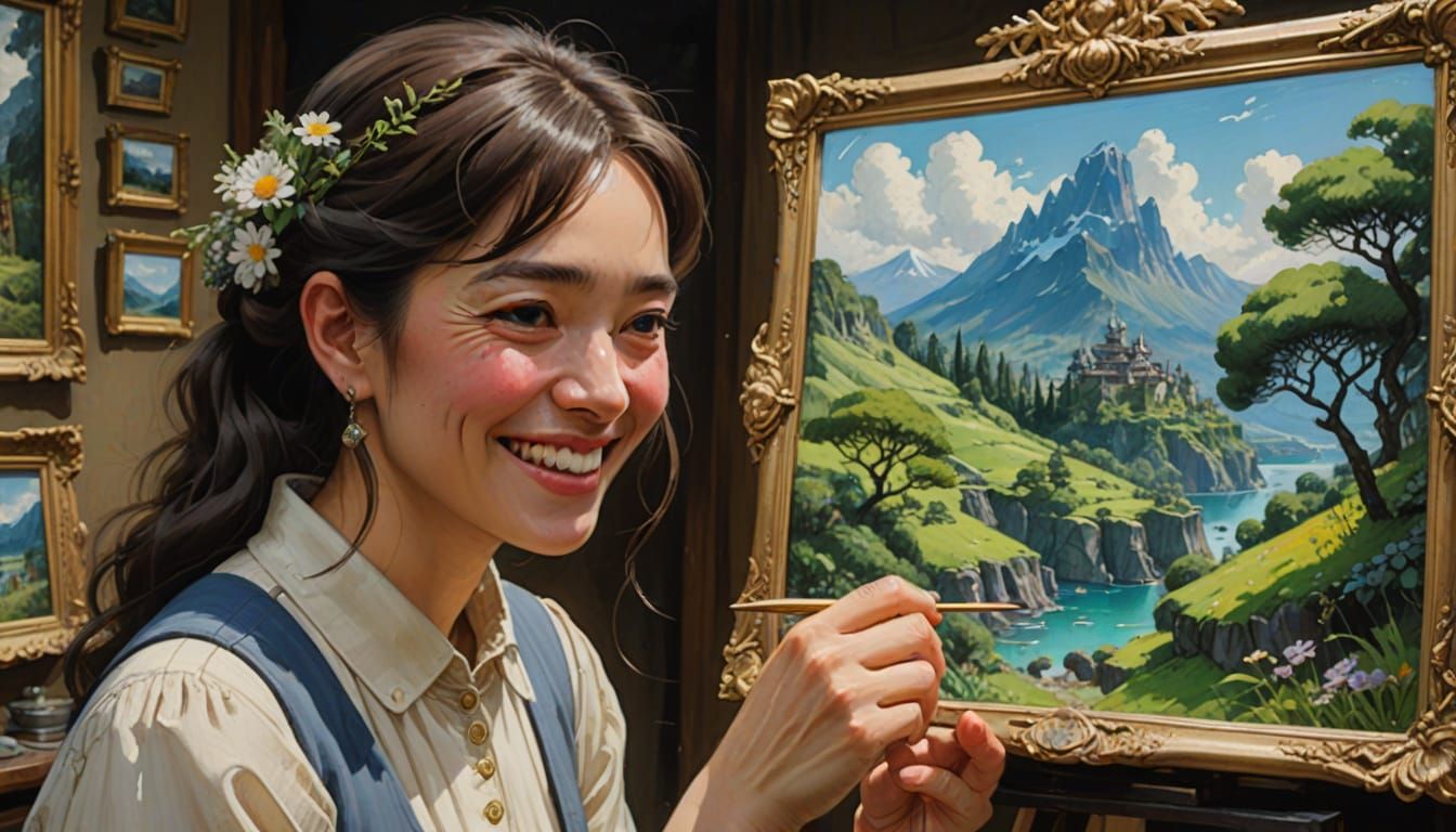 A Young Girl Smiles Among Natural Wonders in a Vibrant Ghibl...