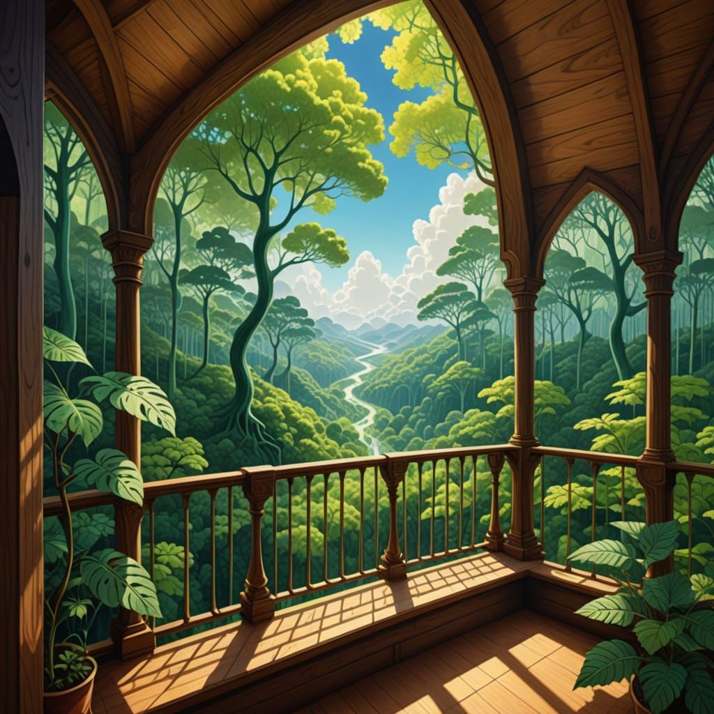 Crystalline Leaf Balcony Interior in Abstract Style