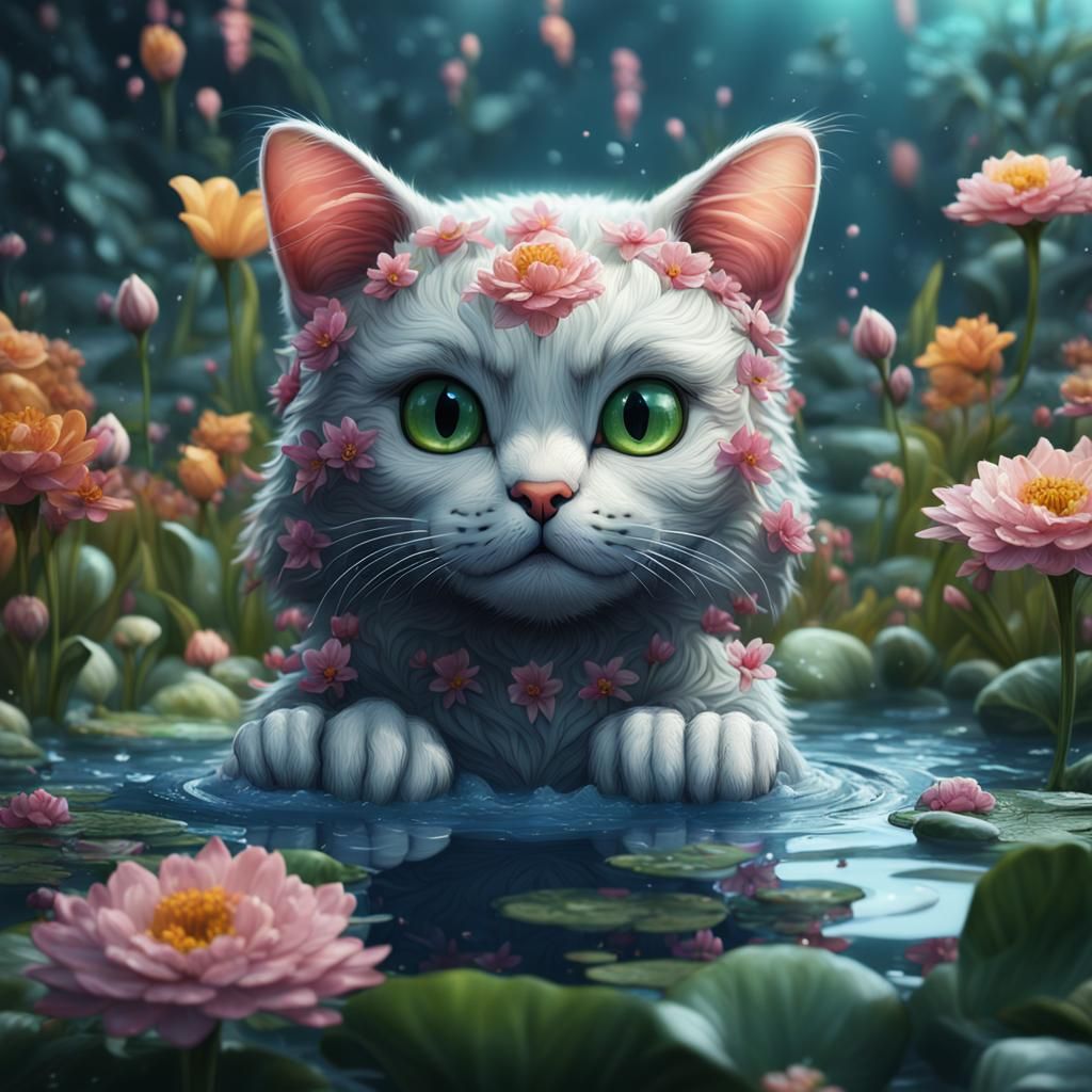 Cute Cat in Flowering Pond: Fantasy Concept Art
