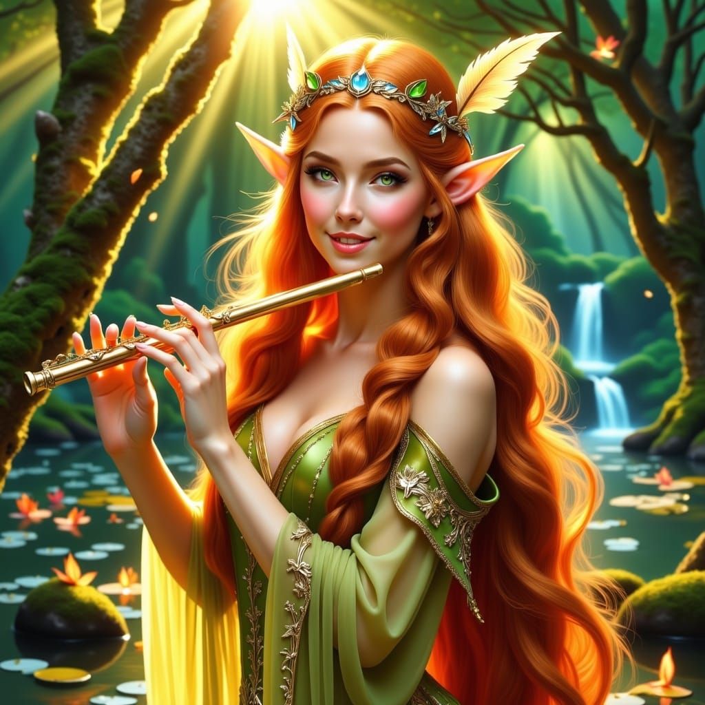 Ethereal Elf Bard in Whimsical Pre-Raphaelite Style