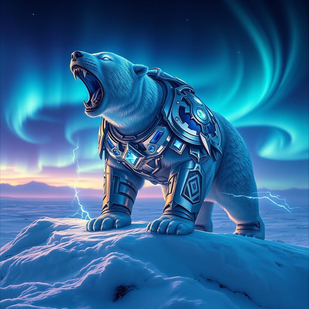Electric Blue Polar Bear Reigns Over Radiant Aurora