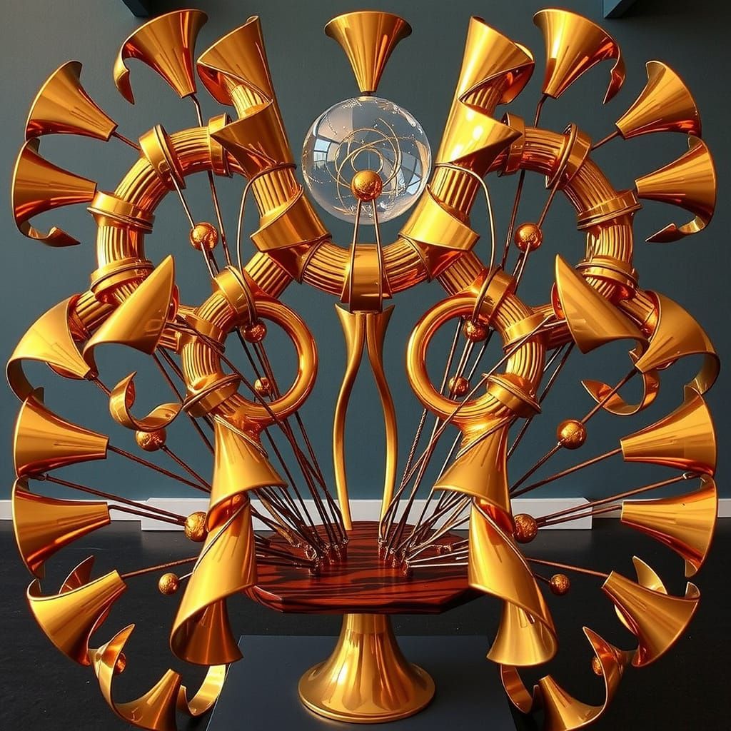 Brass and Wood Abstract Sculpture in Gallery