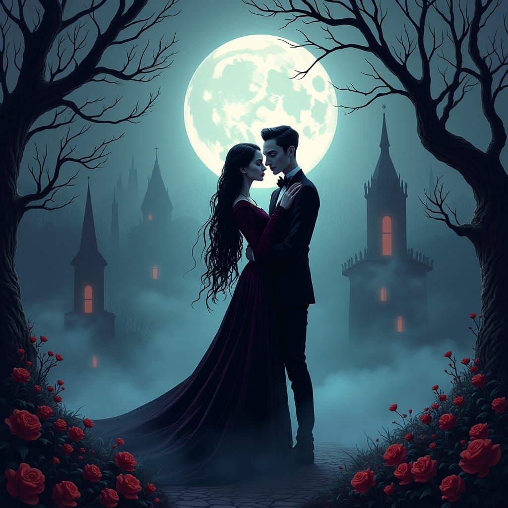 Morticia and Gomez Addams Embrace Under Full Moon in Whimsic...