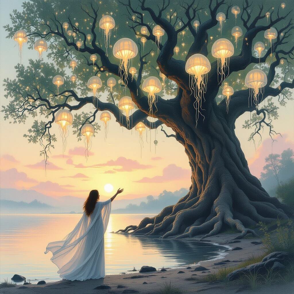 Ethereal Jellyfish Tree at Dawn: Gouache Painting