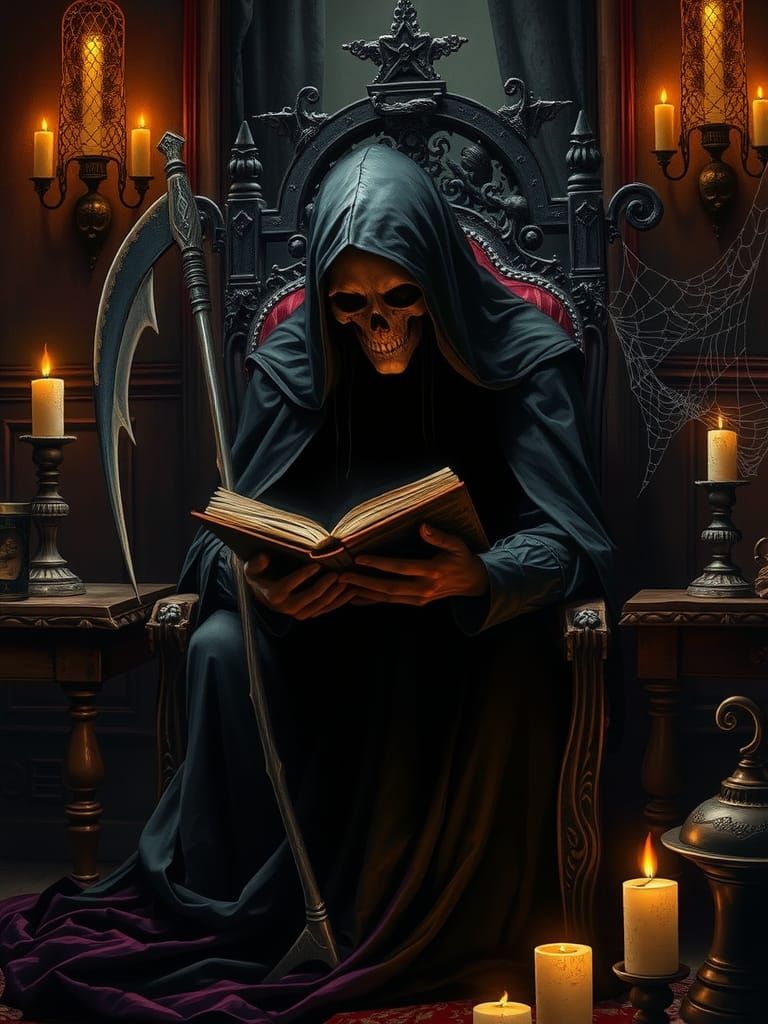 Death Reads Bible in Dark Fantasy Chamber