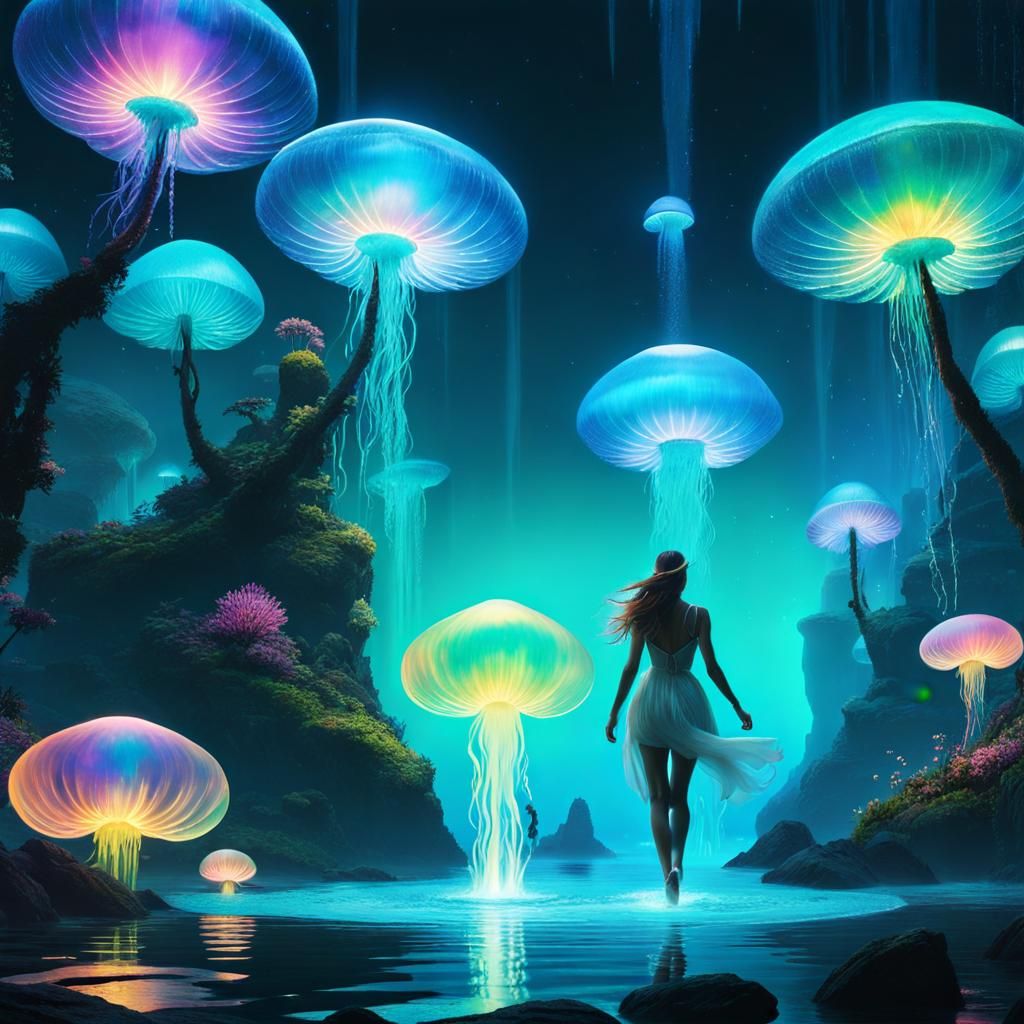 Bioluminescent World: Girl's Magical Journey on Water