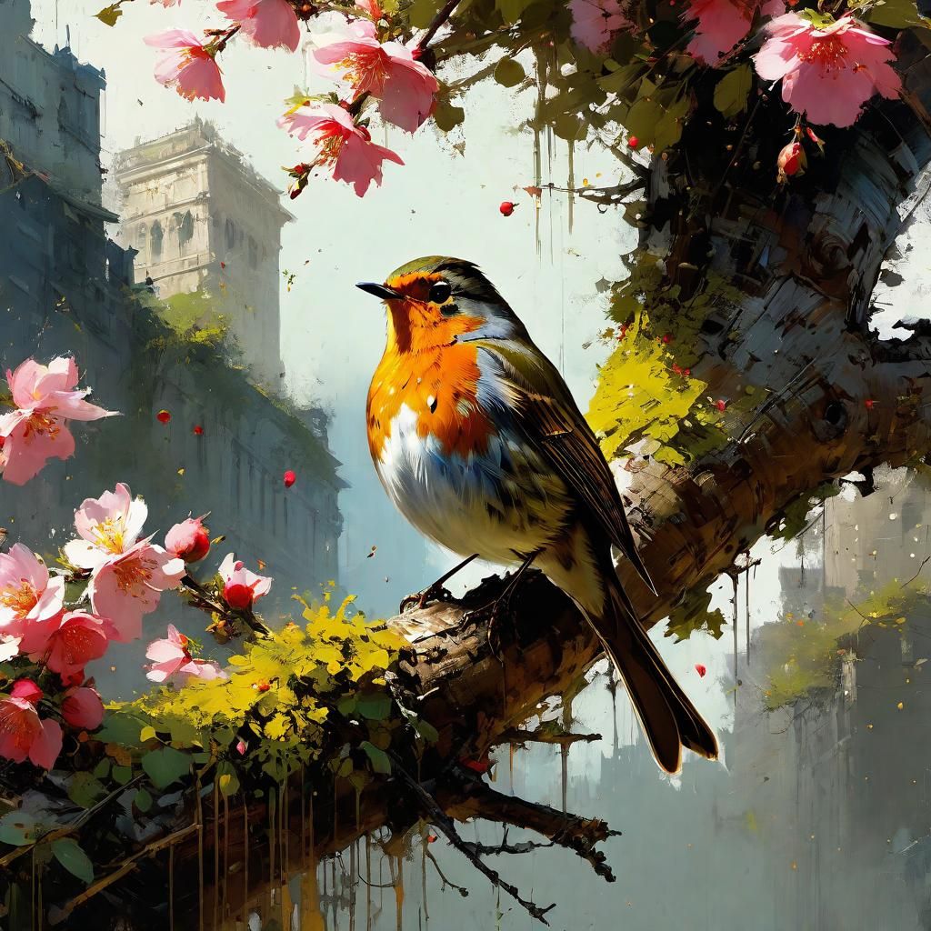 Robin on Blossoms: Detailed Matte Painting