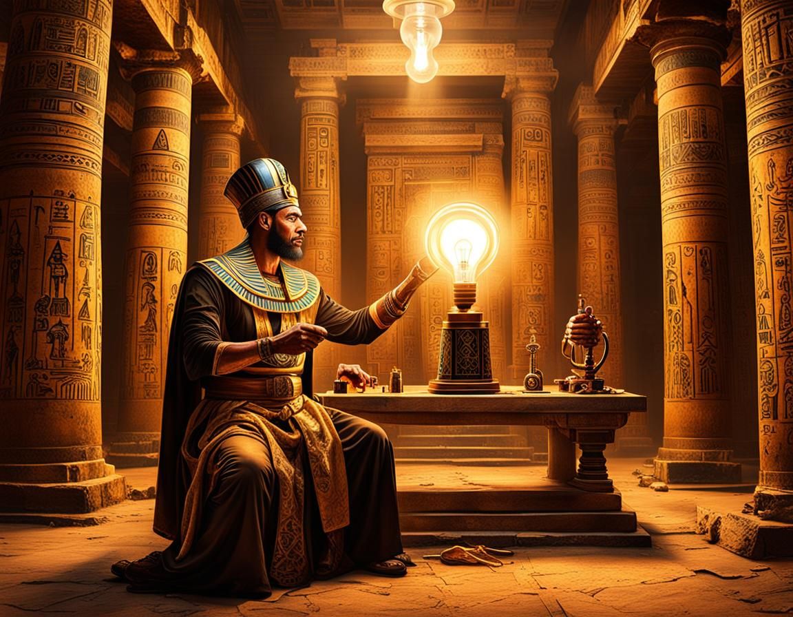 Steampunk Lightbulb Lit by Egyptian Priest