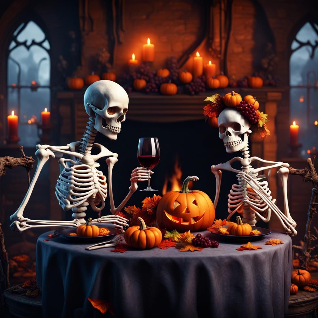 Halloween Feast: Skeletons in Love, Detailed Matte Painting