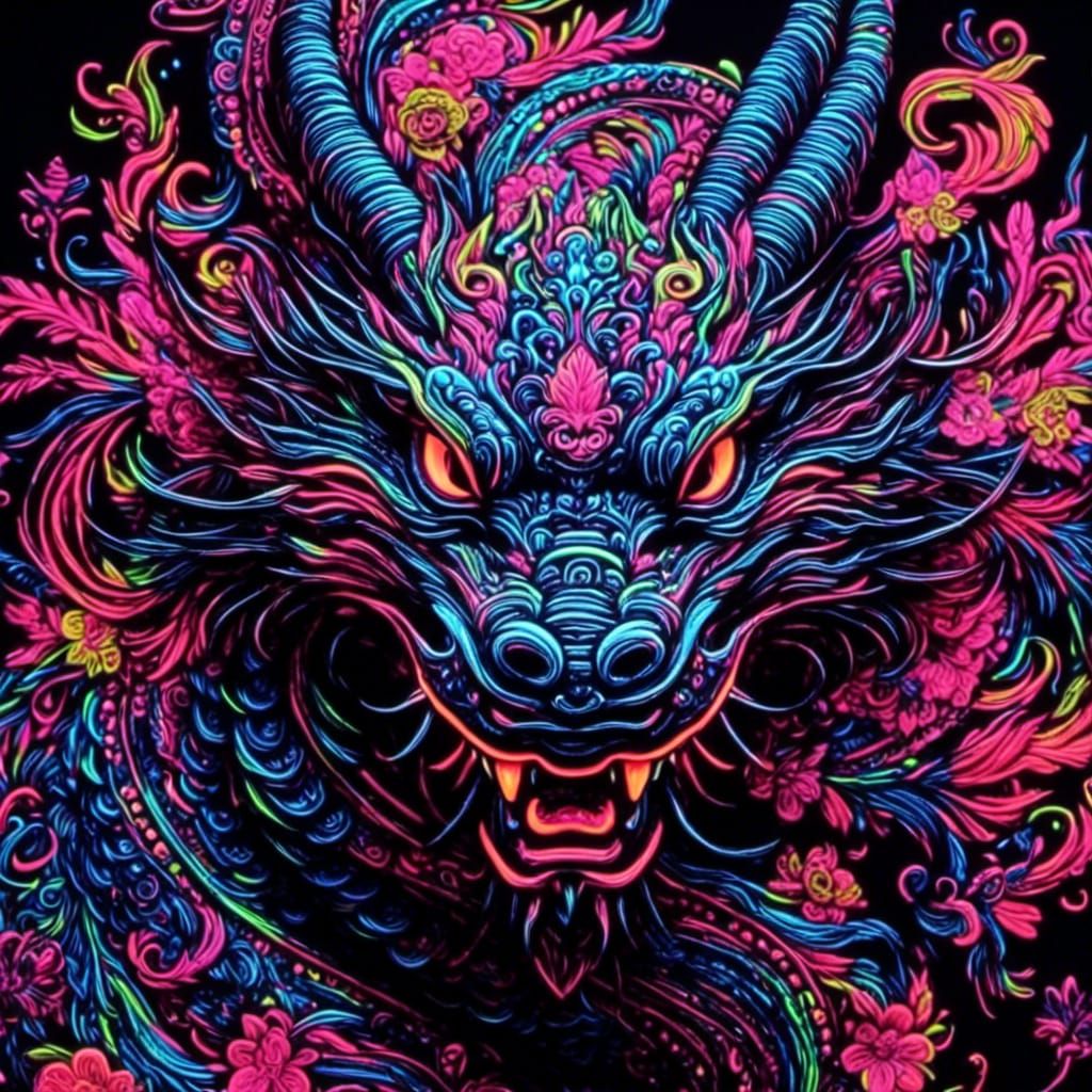 Neon Oriental Dragon in Black Light Style