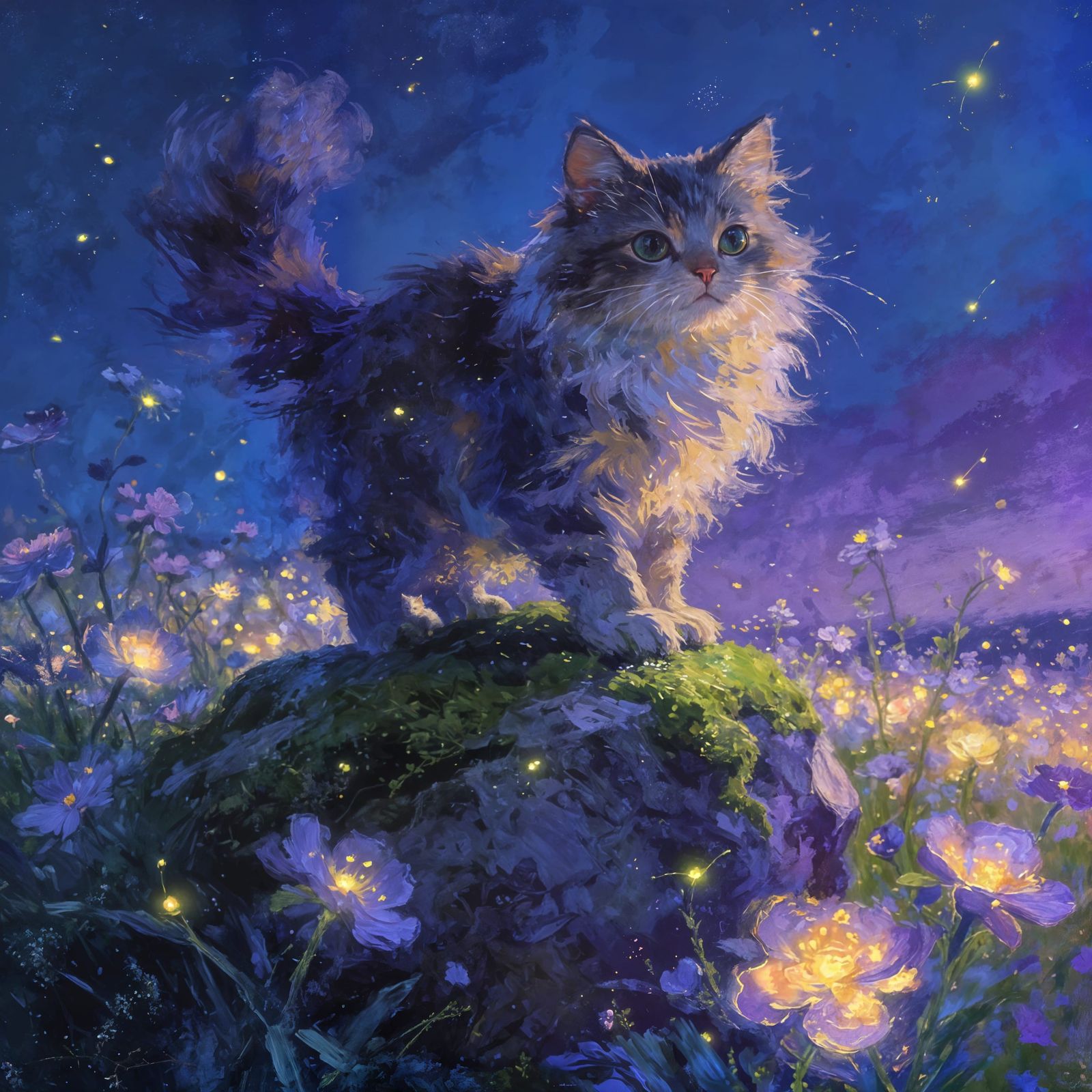 Fluffy Cat on Mossy Rock in Magical Twilight