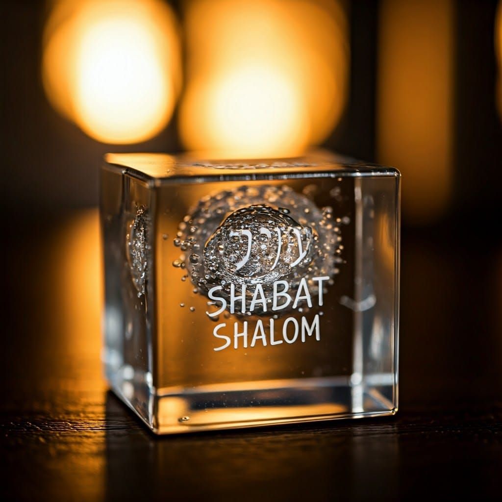 Elegant Hebrew Inscription in Crystal Cube, Softly Illuminat...