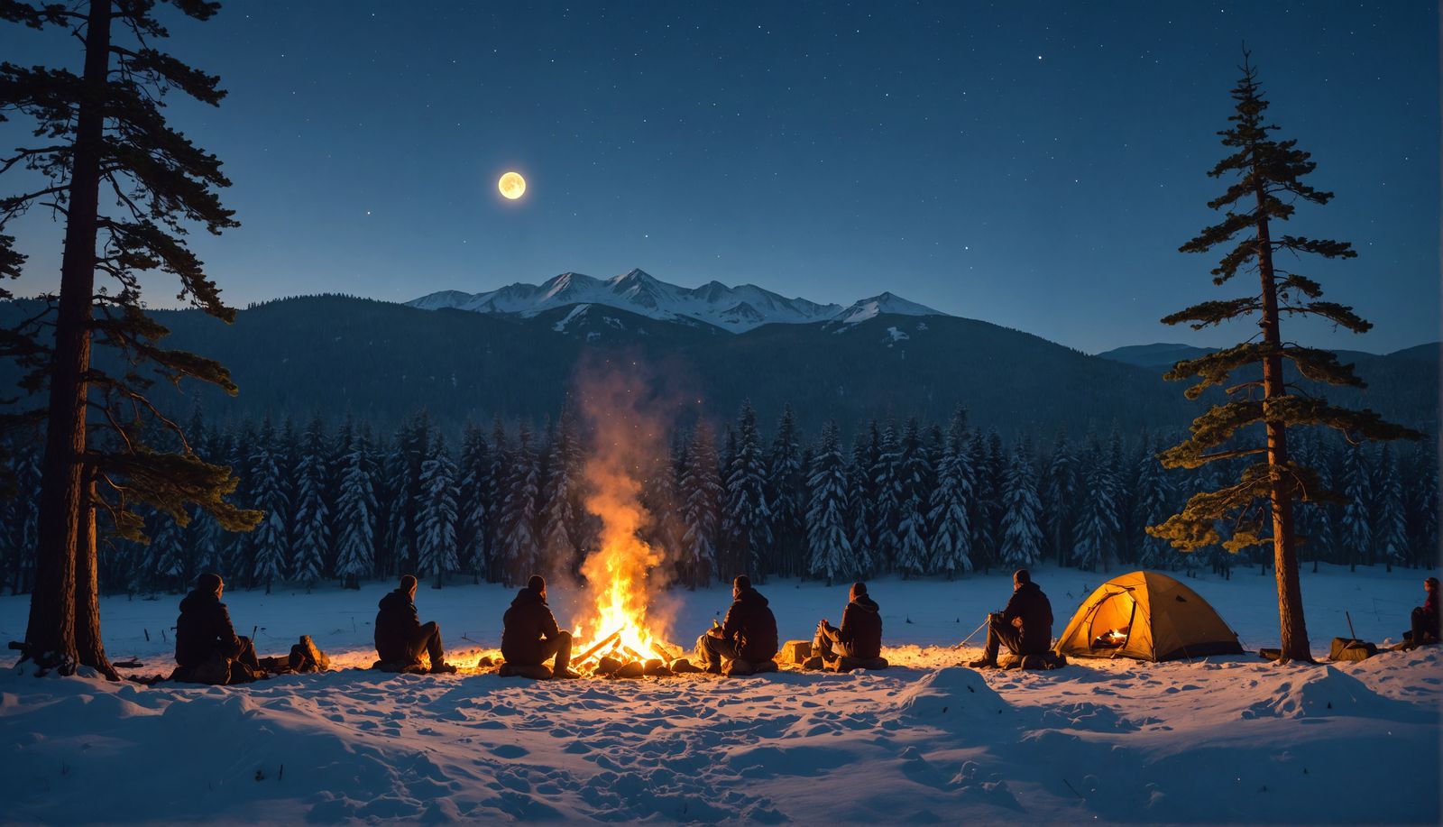 Winter Wonderland Scene with Cozy Fire and Snowy Trees in Go...