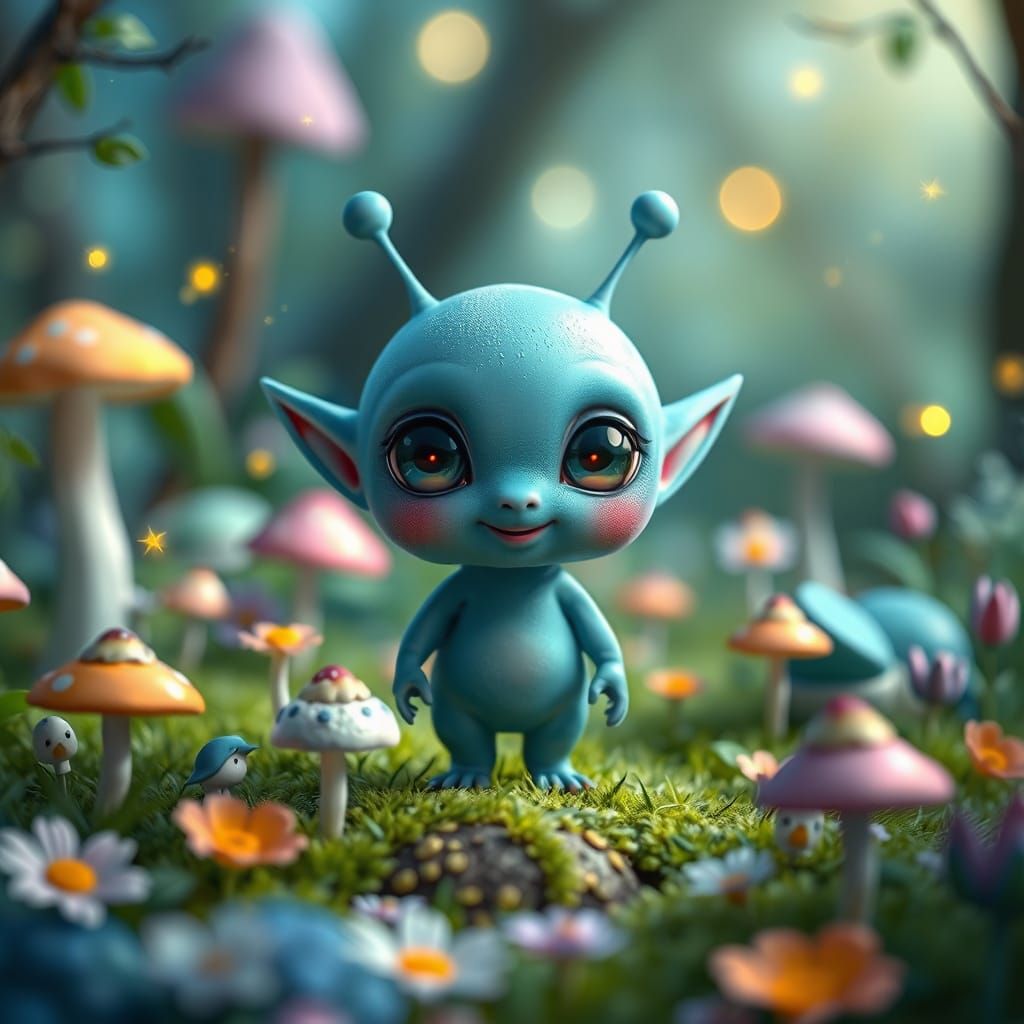 Enchanting Blue Alien in a Whimsical Forest