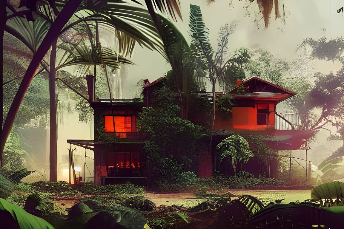 Hacker Villa in Colombian Jungle: Dystopian Illustration