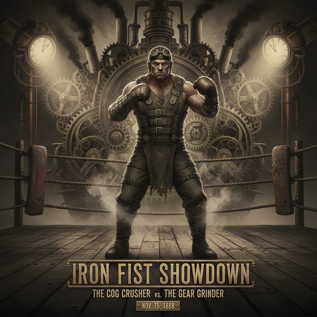 Steampunk Boxing Match Poster in Gritty Digital Art Style